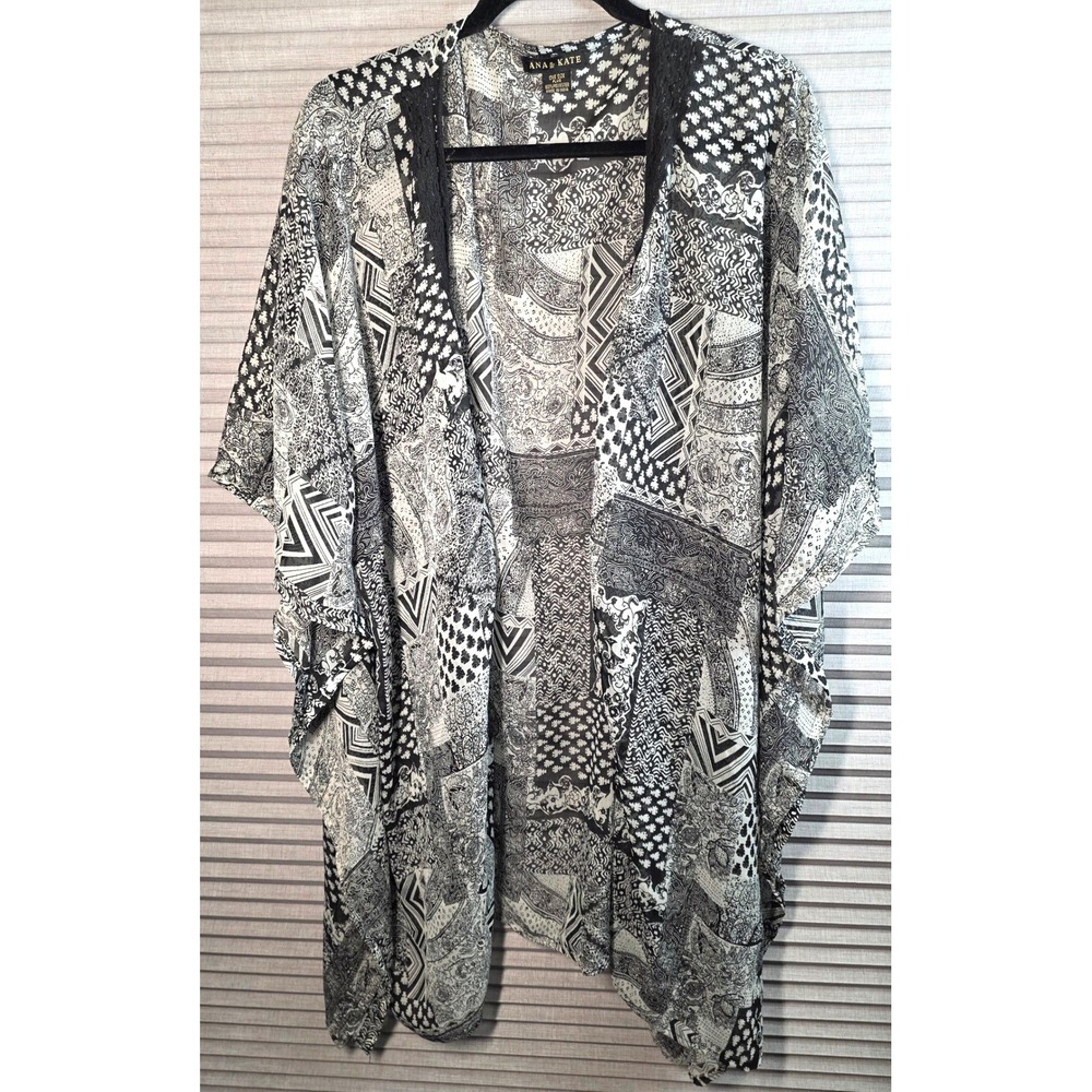 Ana & Kate‎ Kimono Cardigan Cover 1 Size Plus Black Paisley Lace Trim Open Front